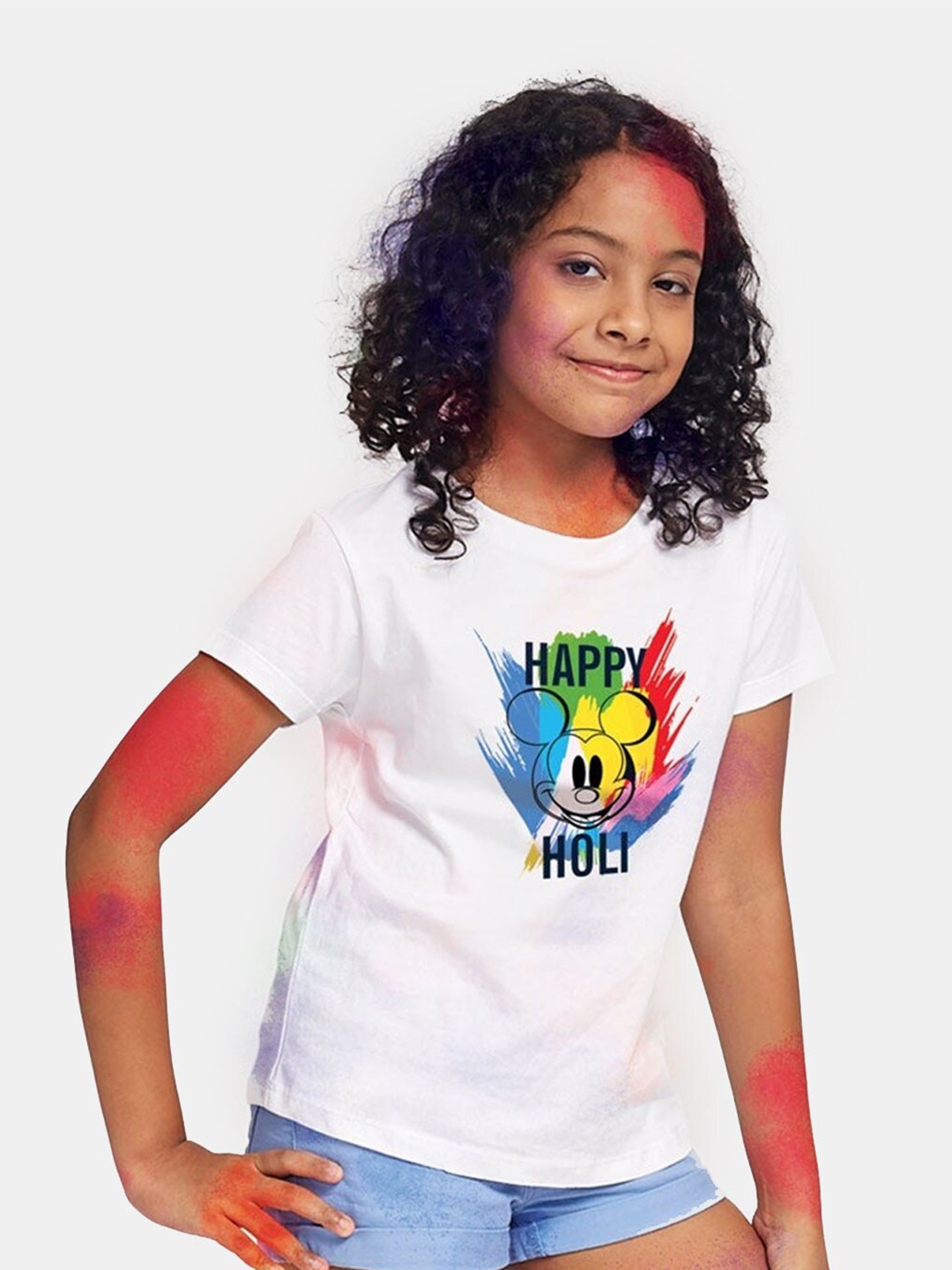 

BONKIDS Girls White Happy Holi Disney Printed Cotton T-shirt