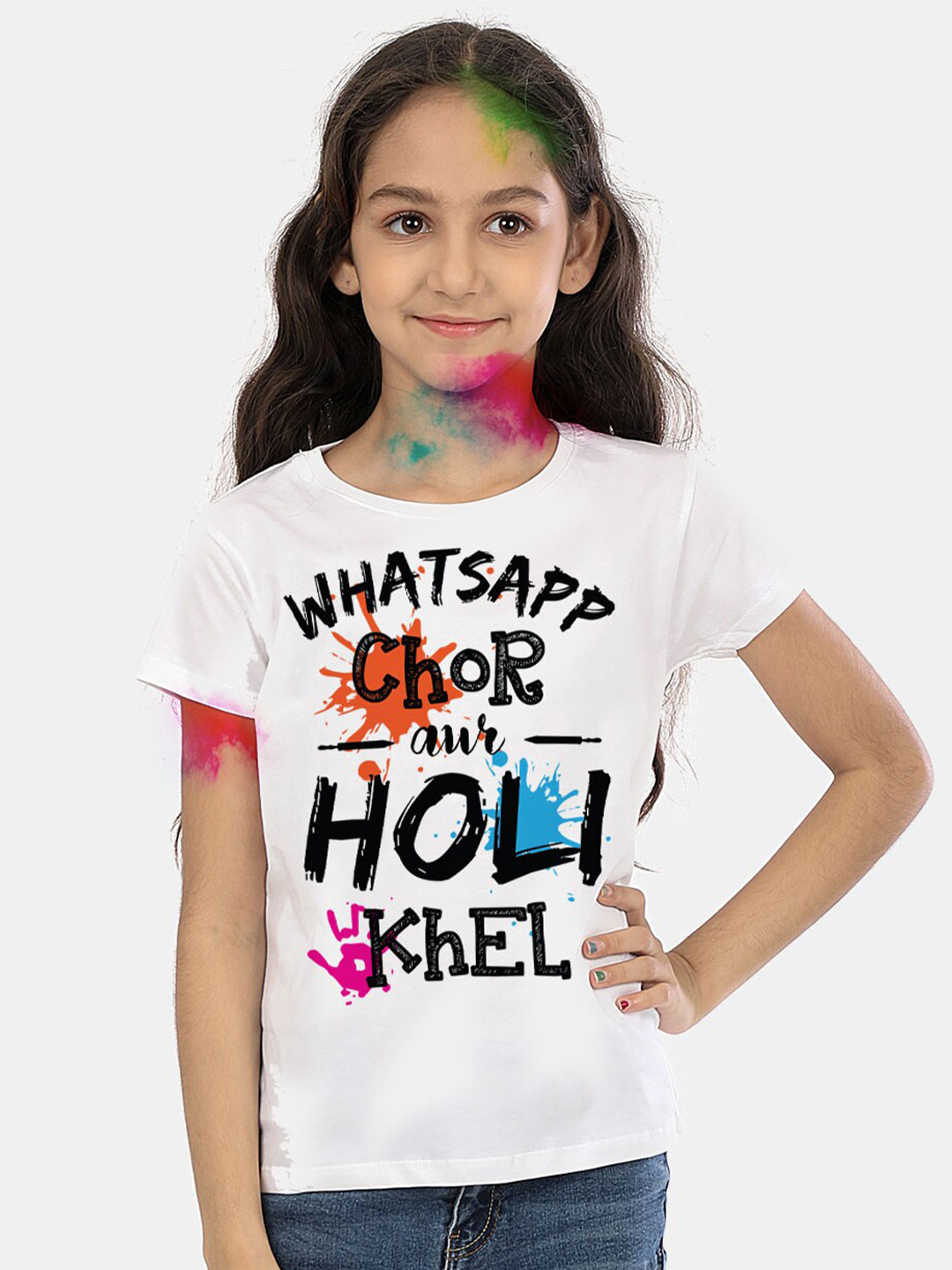 

BONKIDS Girls White Whatsapp Chor Aur Holi Khel Holi Printed T-shirt