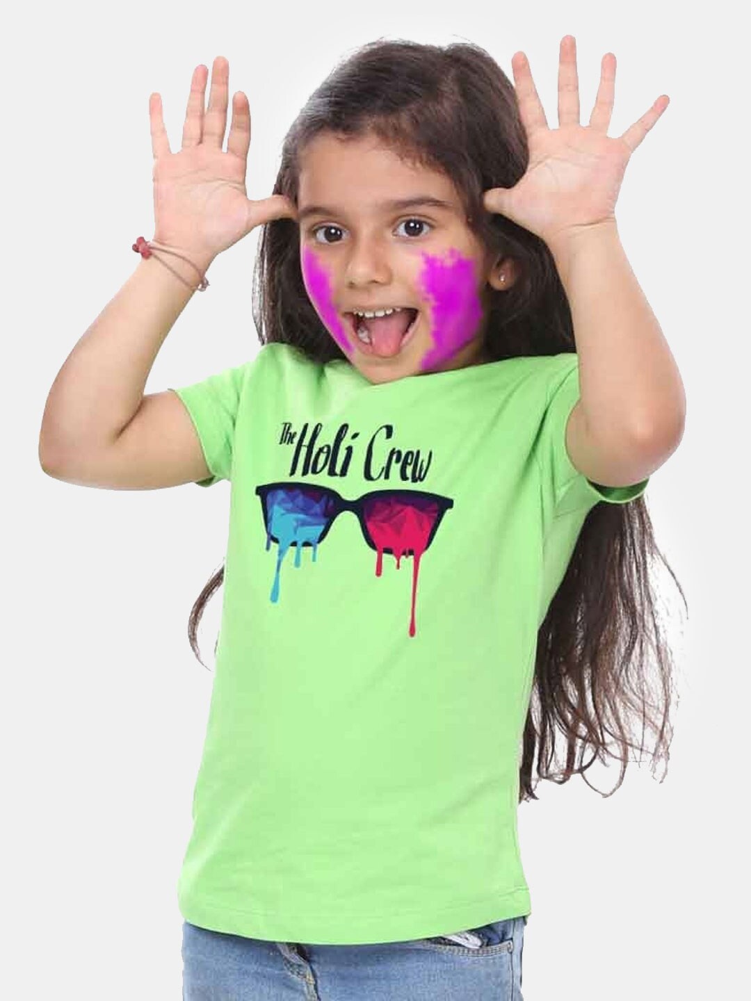 

BONKIDS Girls Green Holi Crew Printed T-shirt