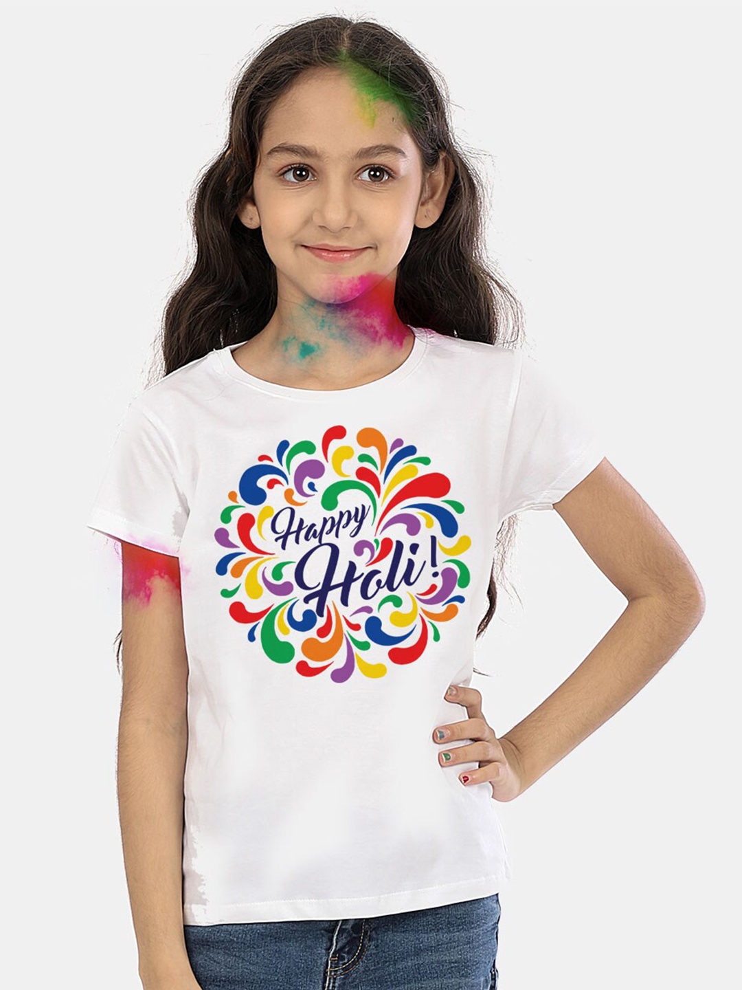 

BONKIDS Girls White Happy Holi Printed Cotton T-shirt