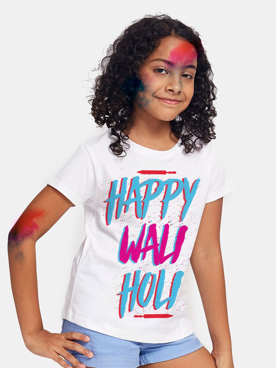 

BONKIDS Girls White & Blue Happy Wali Holi Printed T-shirt