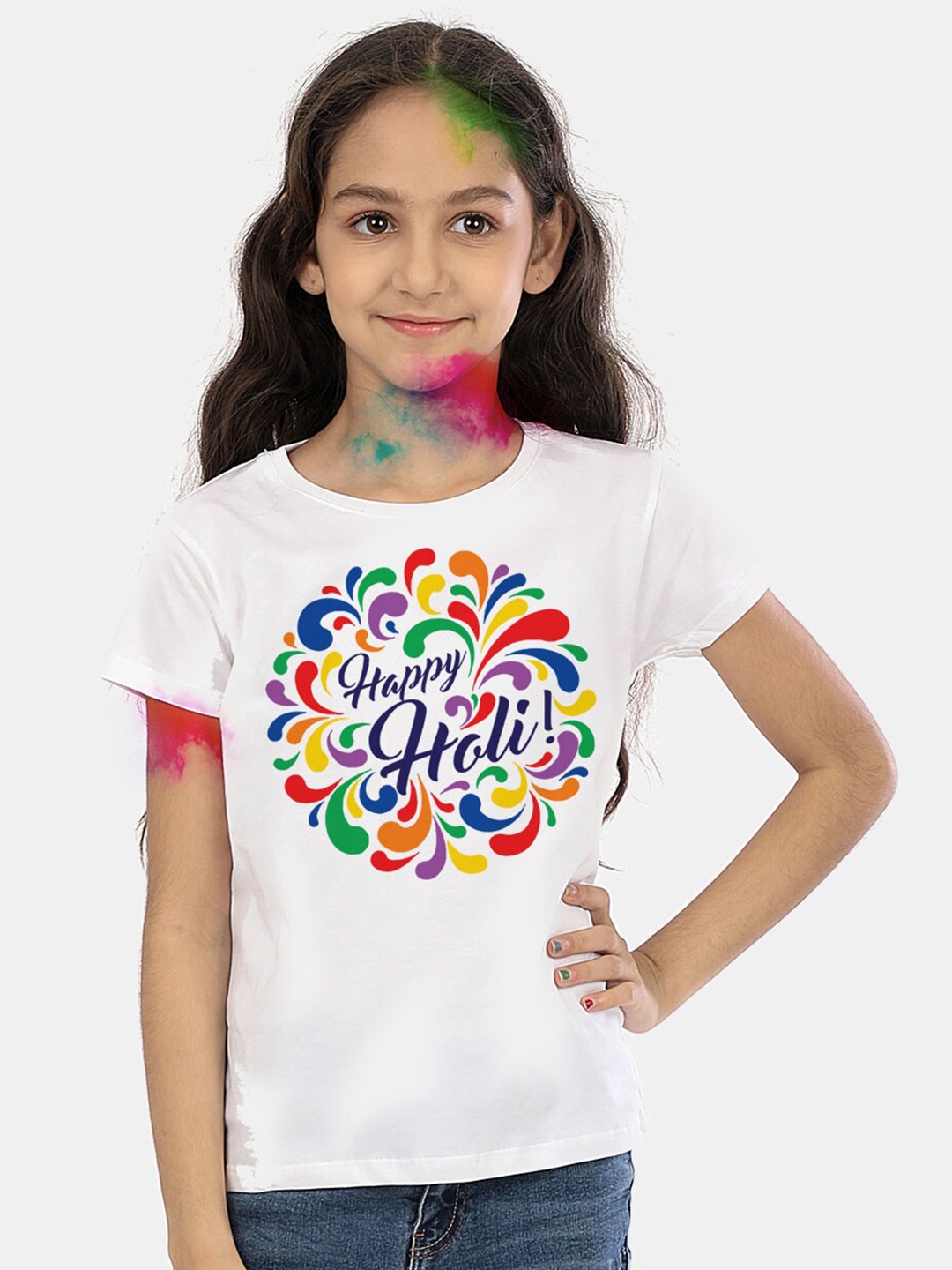 

BONKIDS Girls White Happy Holi Printed Cotton T-shirt