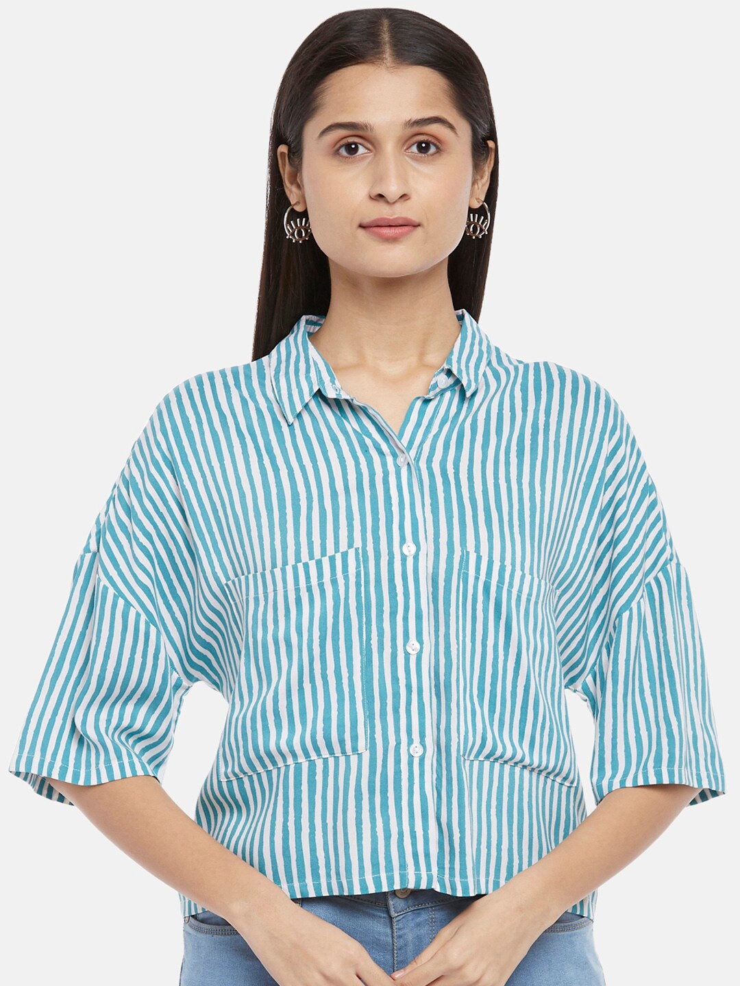 

People Women Blue & White Striped Casual Shirt