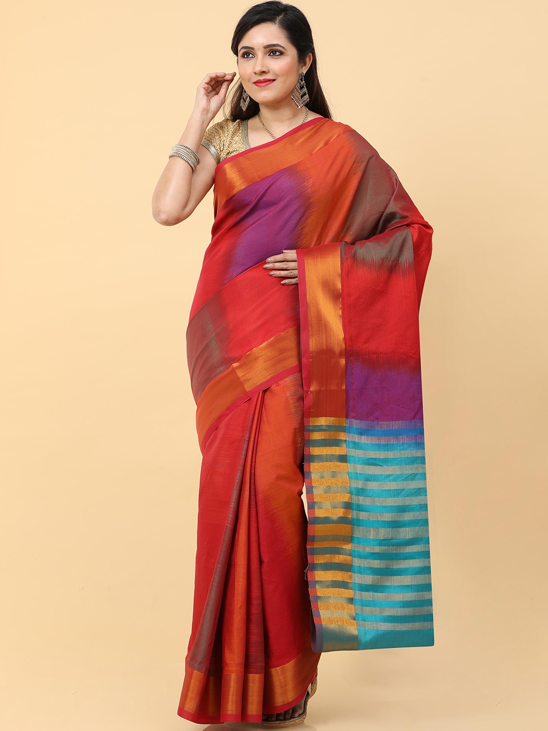 

Kalamandir Red & Gold-Toned Checked Zari Pure Silk Ikat Saree
