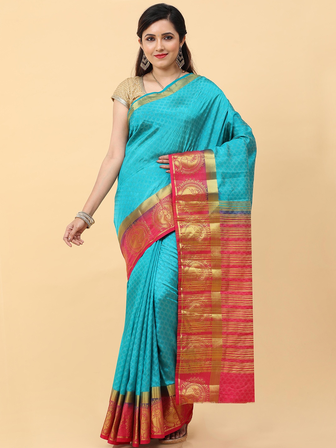 

Kalamandir Teal & Red Woven Design Pashmina Zari Saree