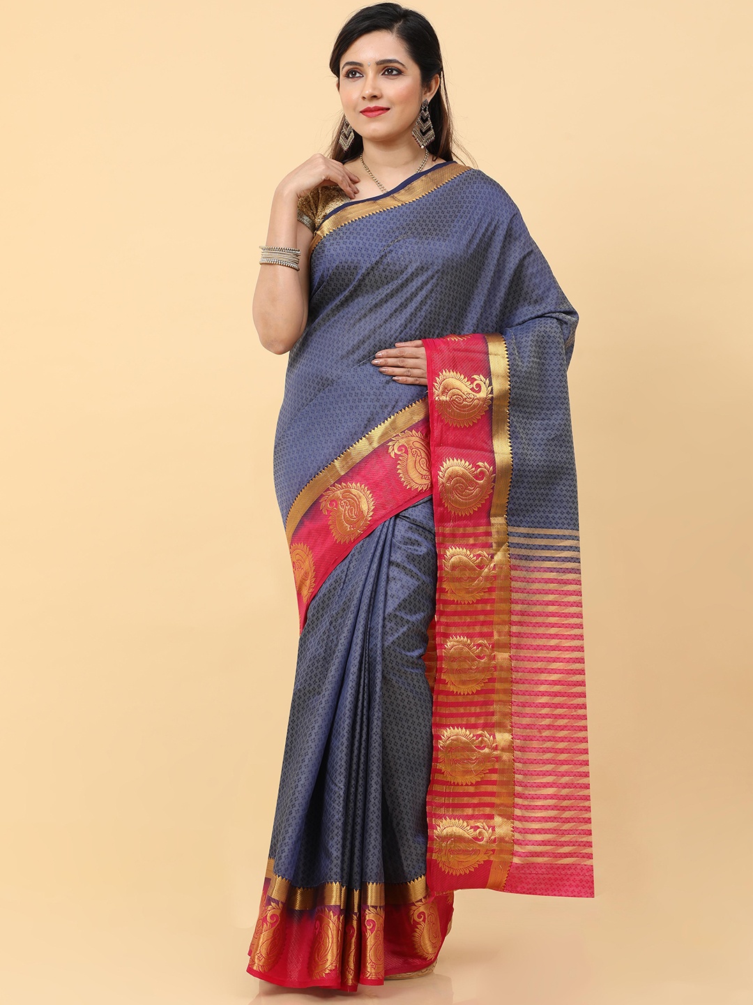 

Kalamandir Navy Blue & Red Woven Design Pashmina Saree