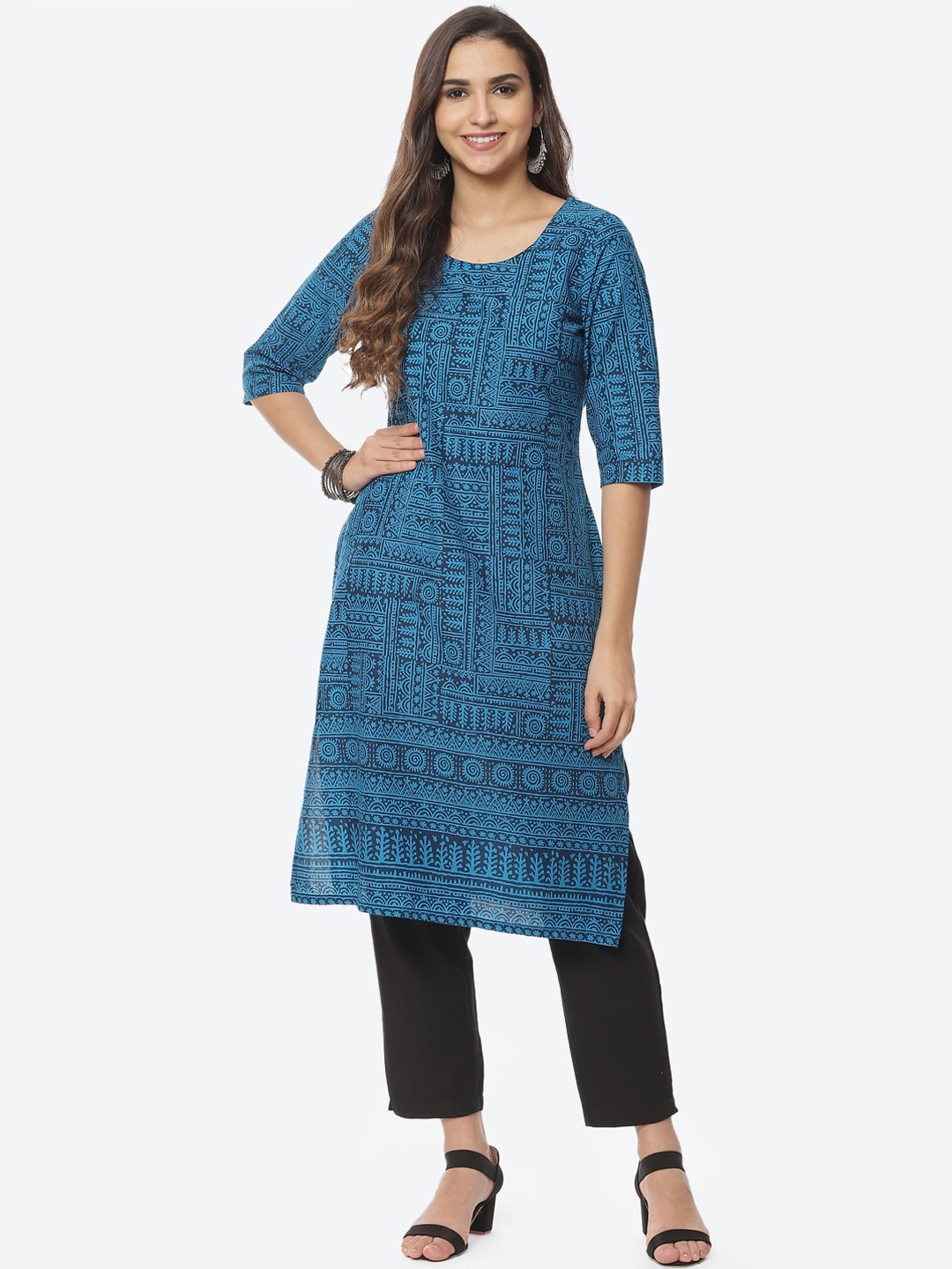 

Rangriti Women Navy Blue Ethnic Motifs Printed Cotton Kurta