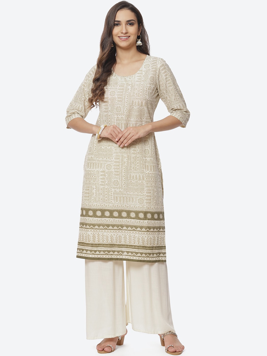 

Rangriti Women Off White & Olive Green Tribal Printed Cotton Kurta