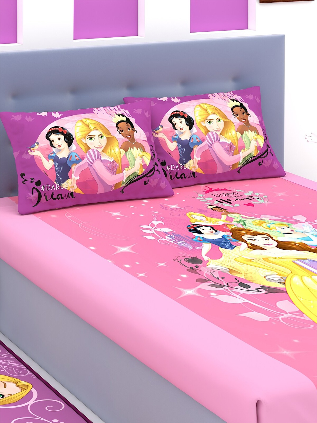 

Disney Kids Pink & Yellow Disney Princess Printed180 TC King Bedsheet with 2 Pillow Covers