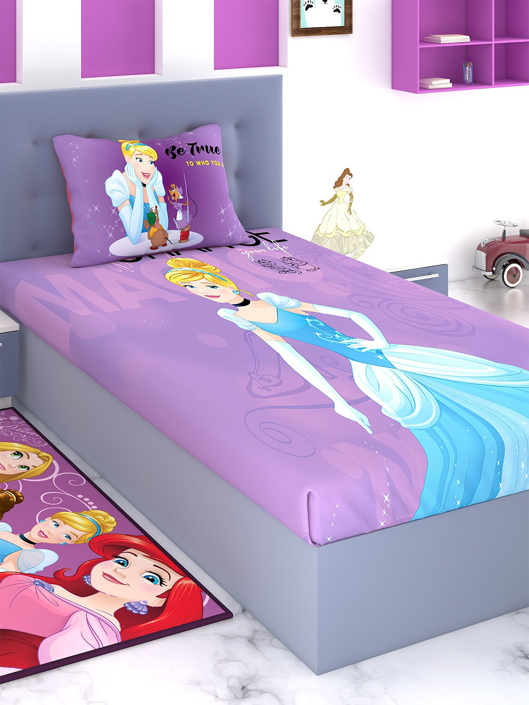 

Disney Kids Purple Cartoon Character Printed 180 TC Single bedsheet with 1 Pillow Cover