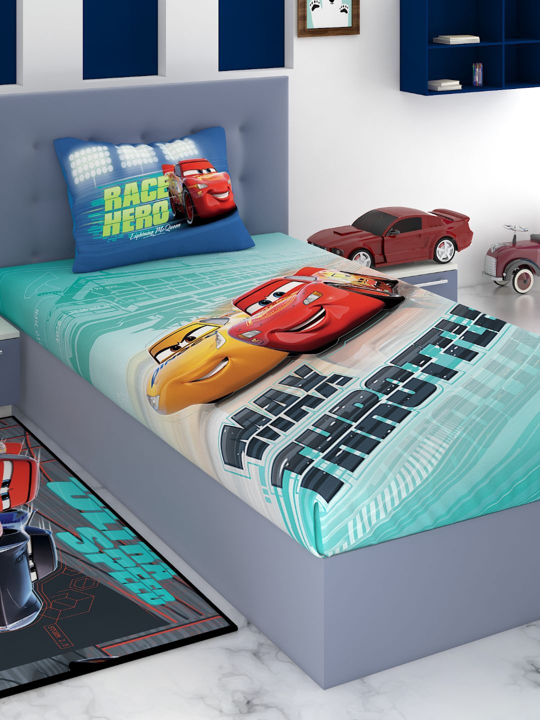 

Disney Blue & Multicoloured Cars Printed 180 TC King Bedsheet with 1 Pillow Covers