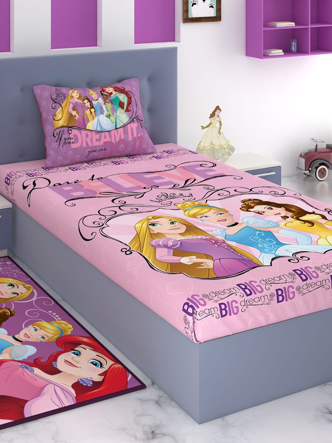 

Disney Pink & Purple Cartoon Printed Cotton 180 TC Bedsheet with 1 Pillow Covers