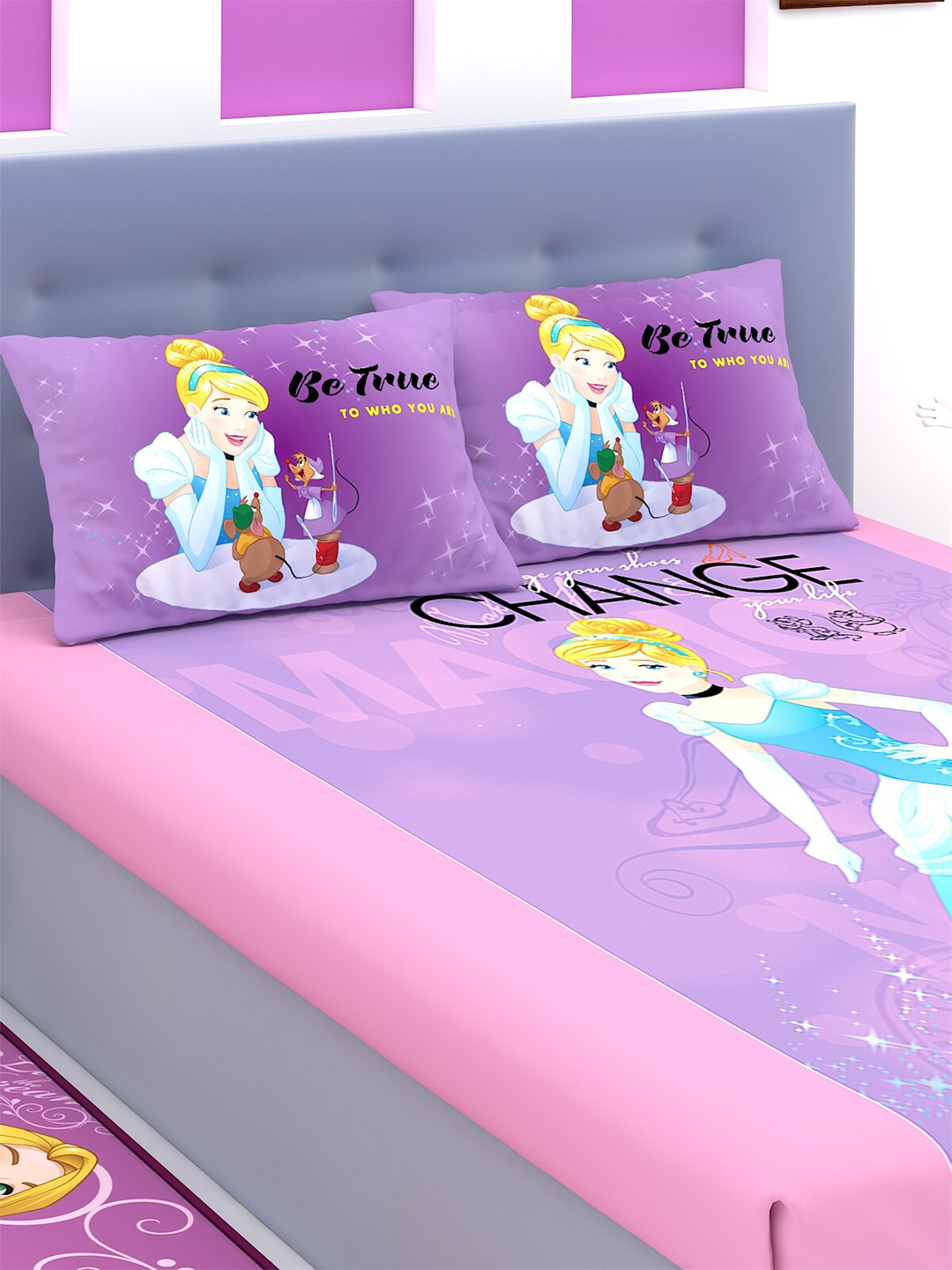 

Disney Kids Purple Cartoon Characters Printed 180 TC King Bedsheet with 2 Pillow Covers