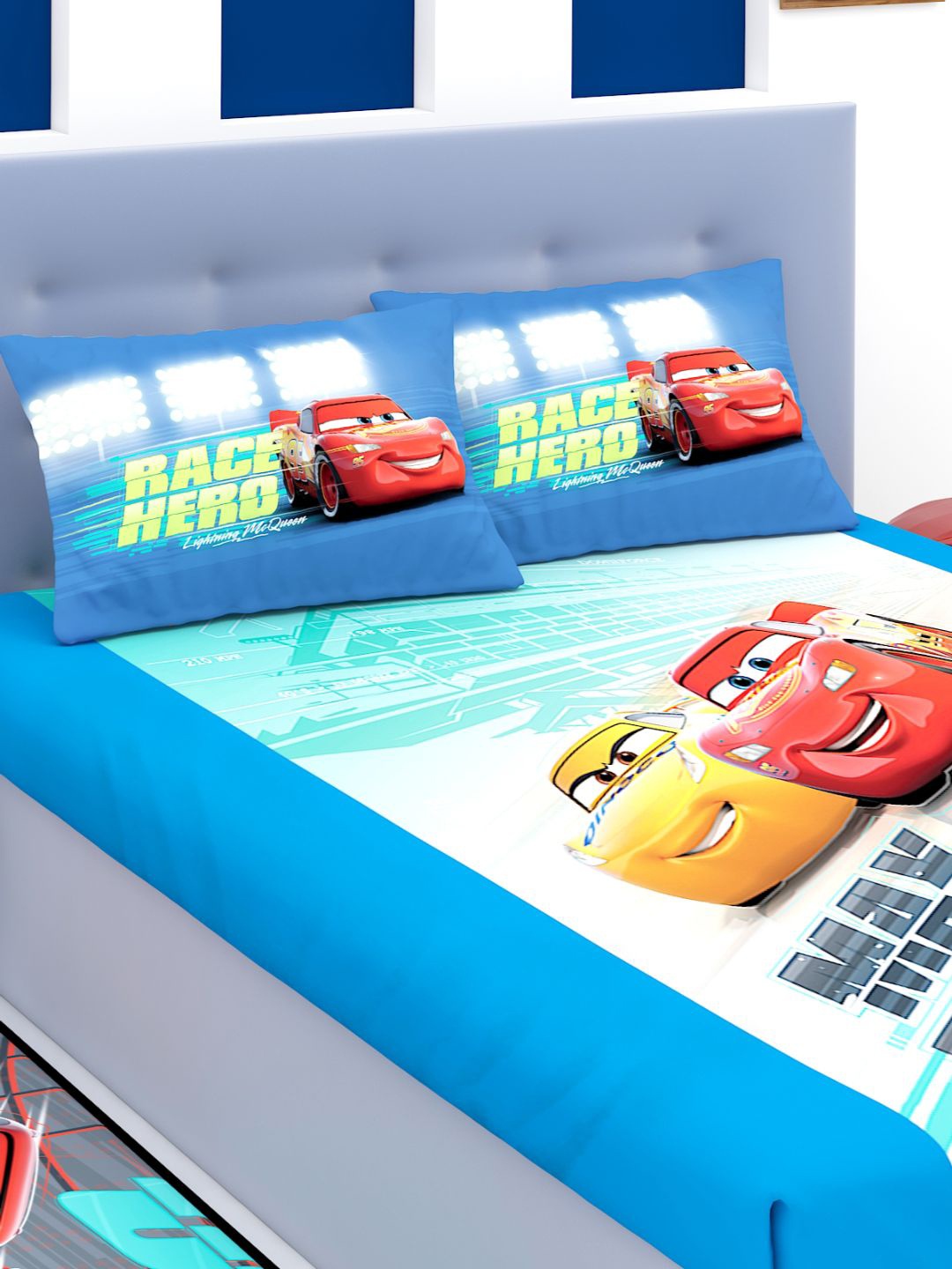 

Disney Kids Blue Cartoon Characters Printed 180 TC King Bedsheet with 2 Pillow Covers