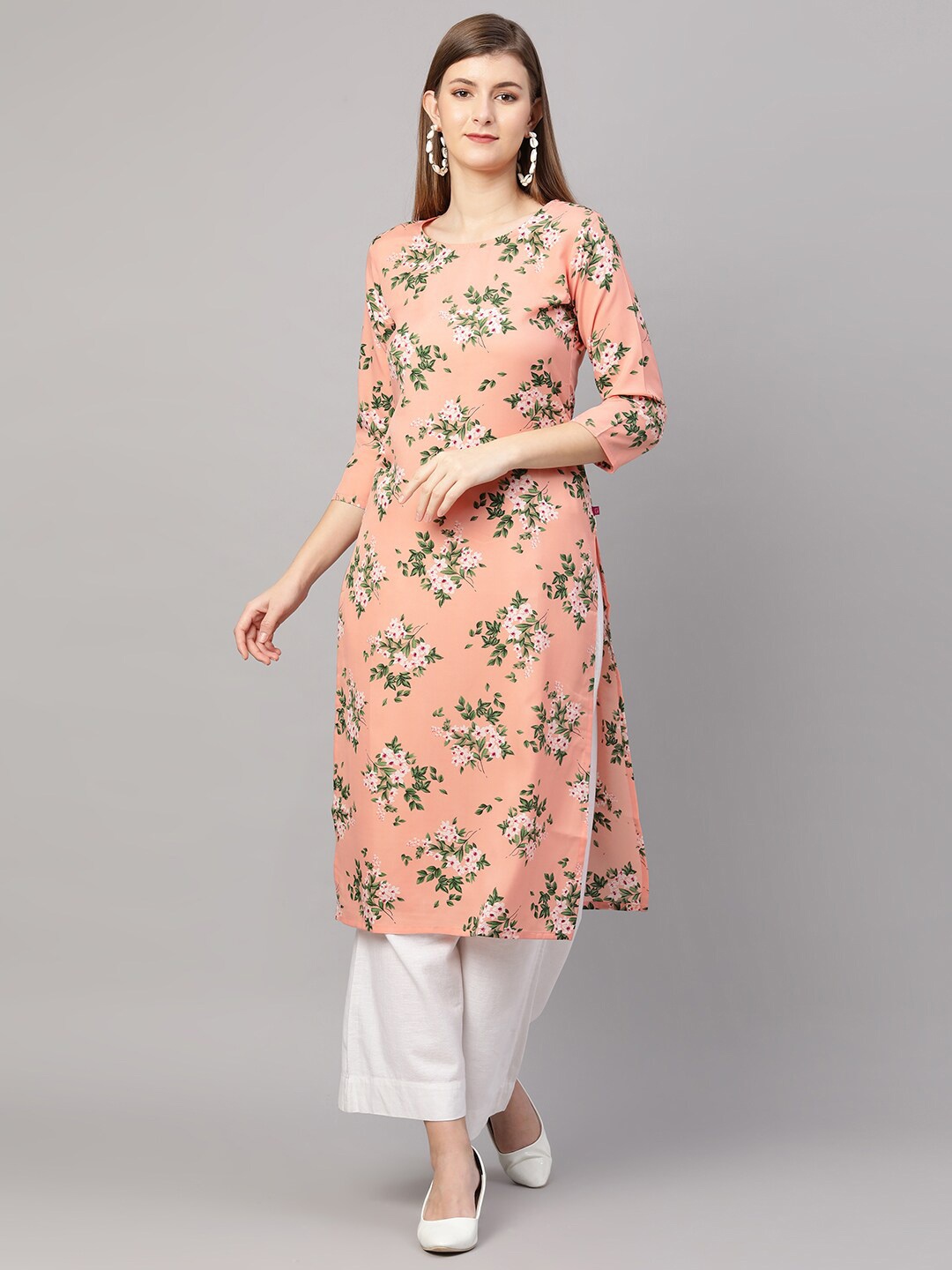 

KALINI Women Peach-Coloured & Green Floral Printed Straight Kurta