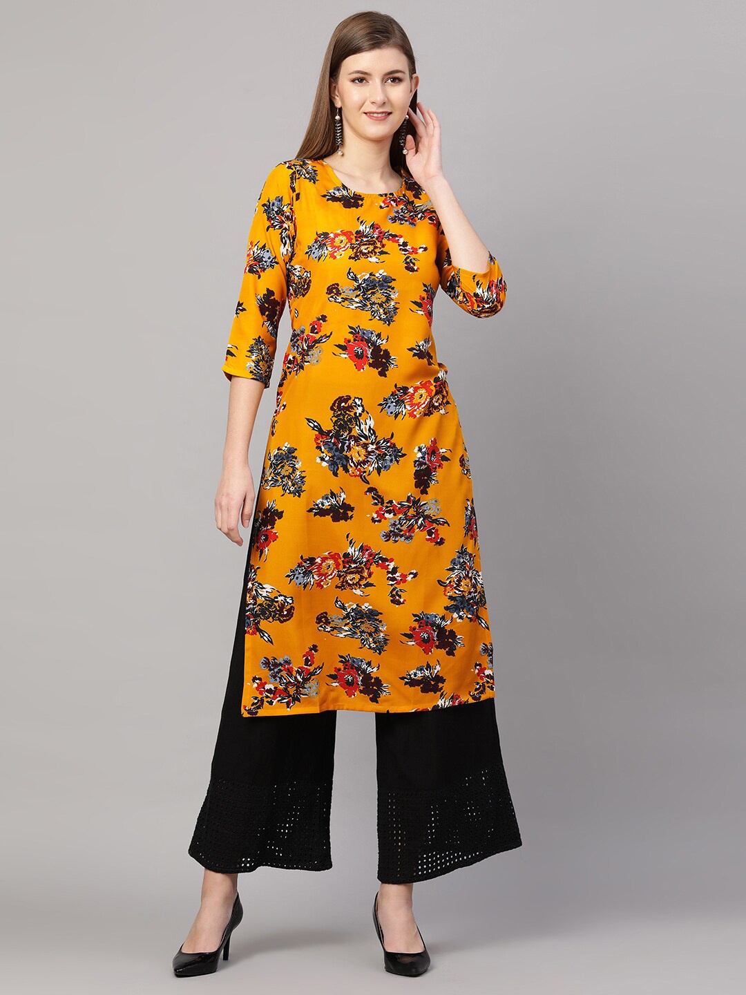 

KALINI Women Mustard Yellow & Blue Floral Printed Crepe Kurta