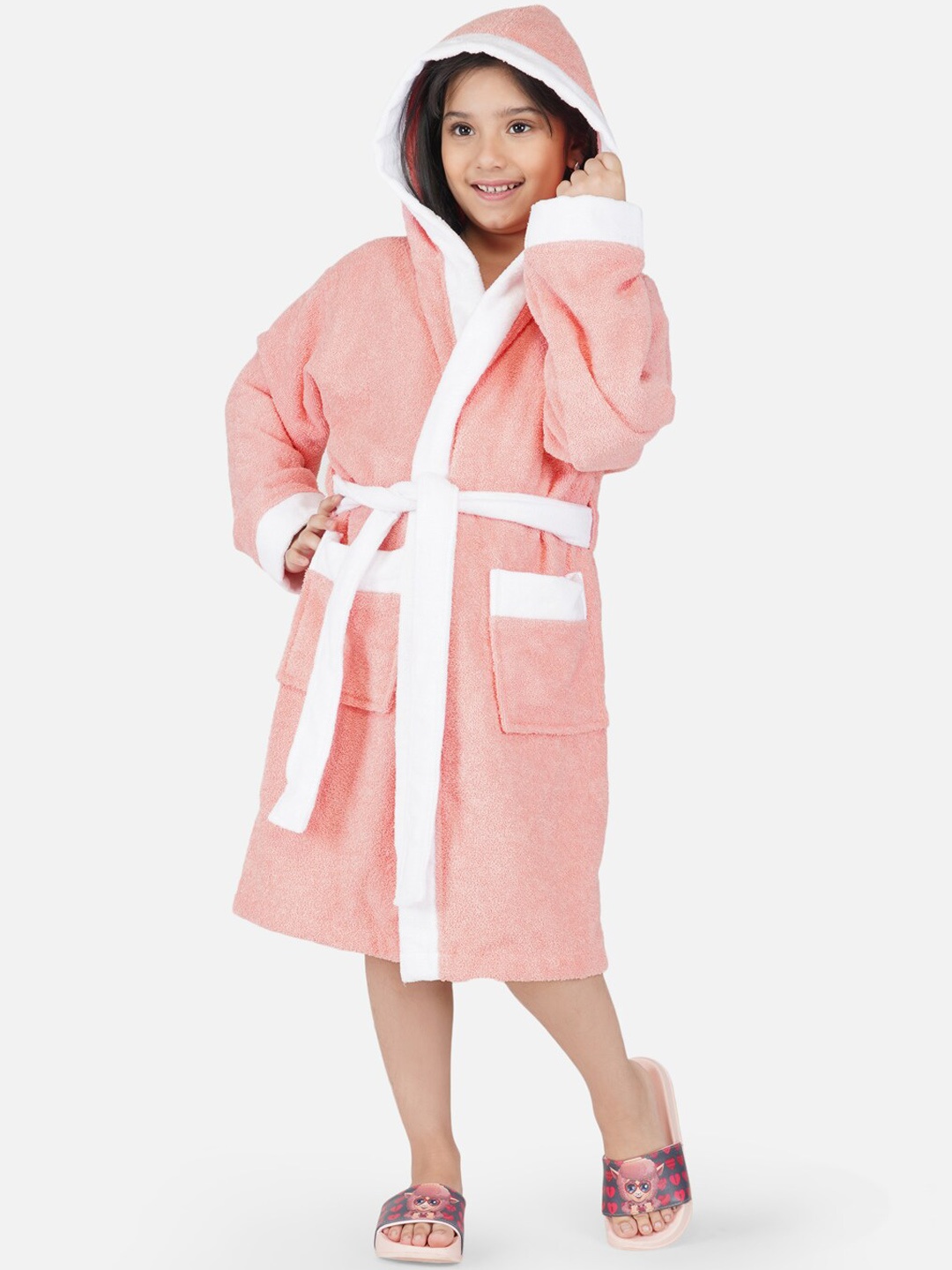 

RANGOLI Kids Solid Pure Cotton Hooded Bath Robe, Pink