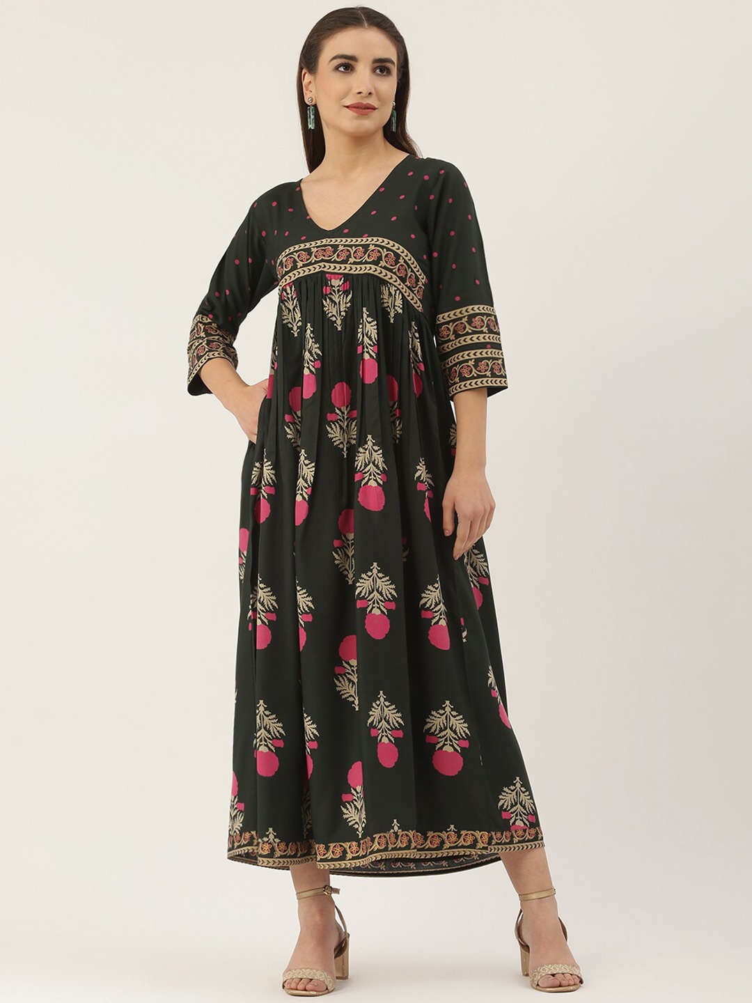 

Rustorange Green & Pink Floral Ethnic Maxi Dress