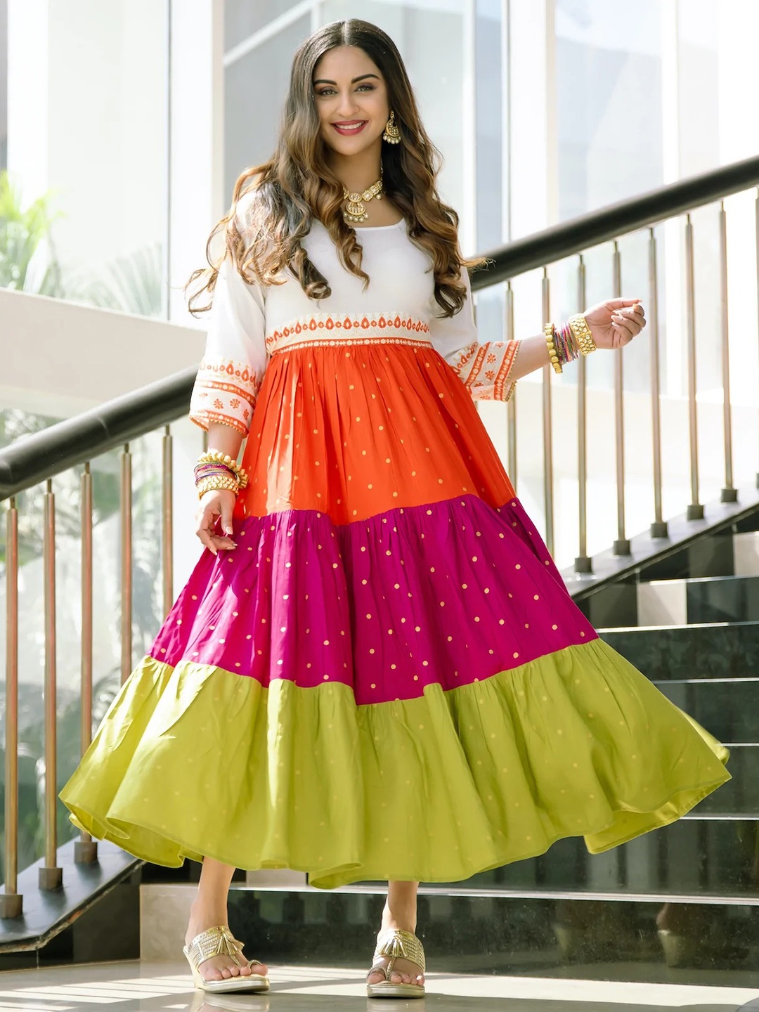 

Rustorange Multicolor Colourblocked Tiered Maxi Dress, Multi