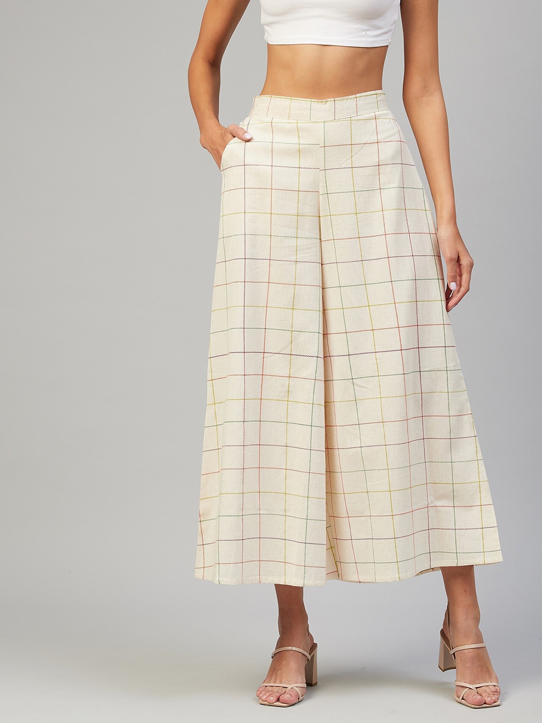 

VAABASTA Women White & Beige Checked Palazzos