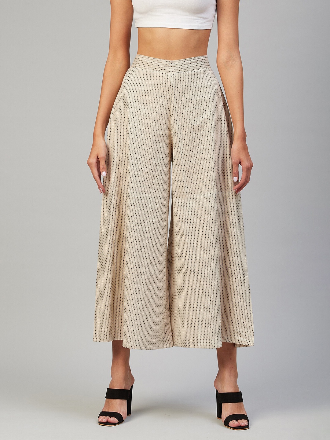 

VAABASTA Women White Micro Ditsy Printed Wide Leg Palazzo
