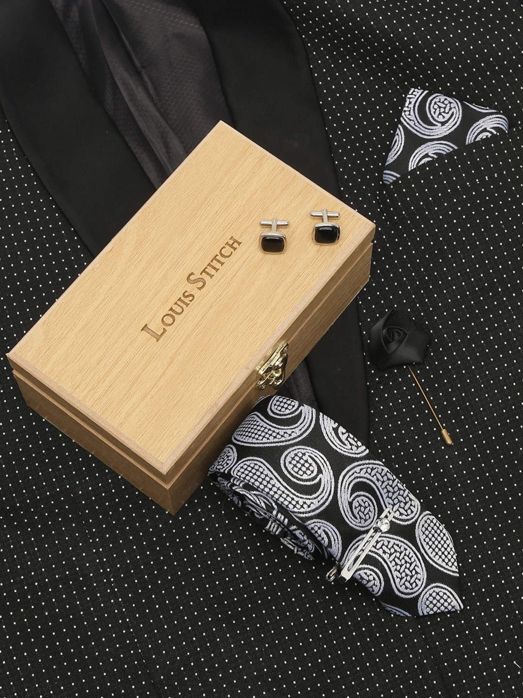 

LOUIS STITCH Men Italian Silk Necktie Accessory Gift Set, Black