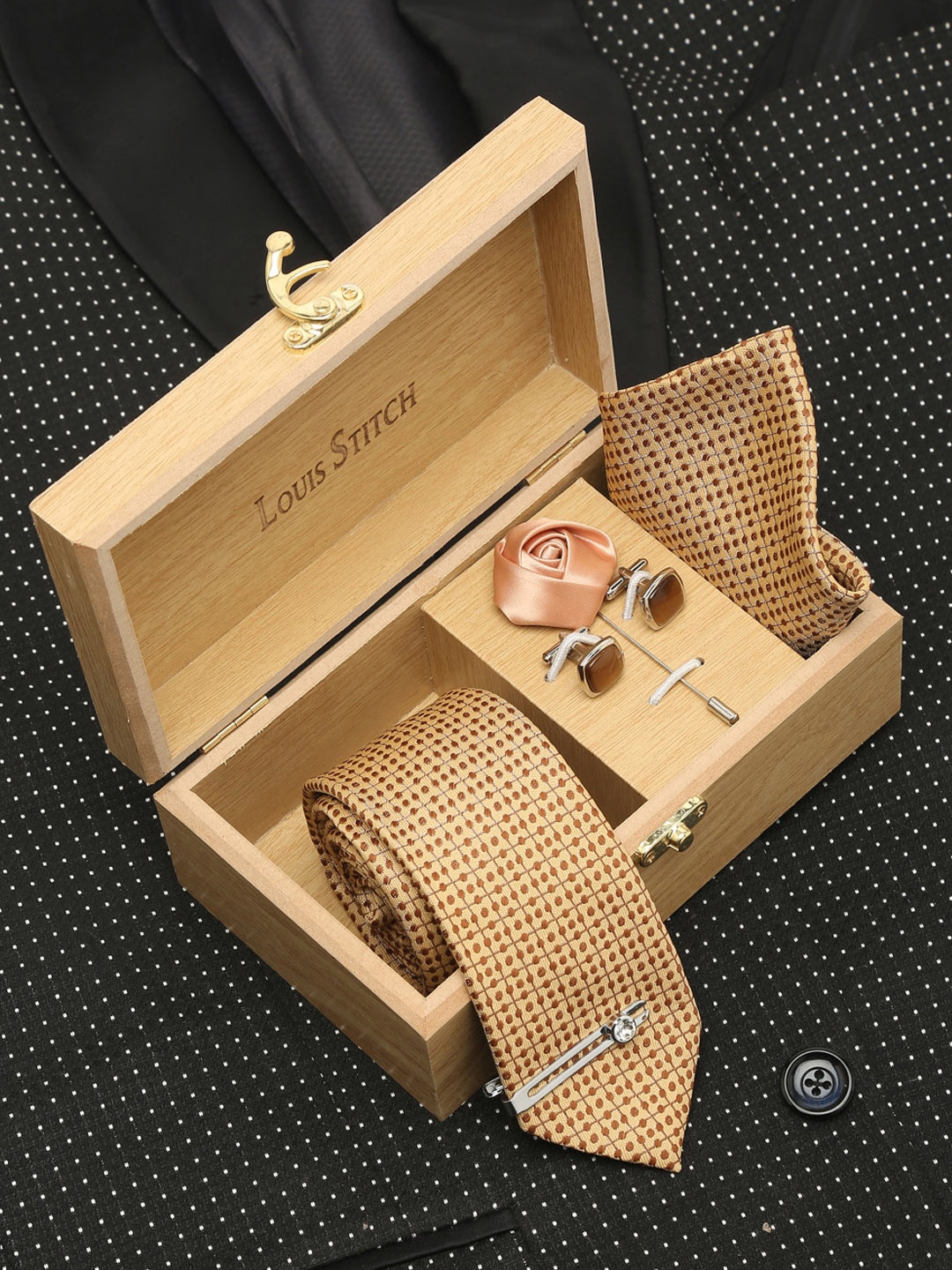 

LOUIS STITCH Men Silk Necktie Accessory Gift Set, Cream
