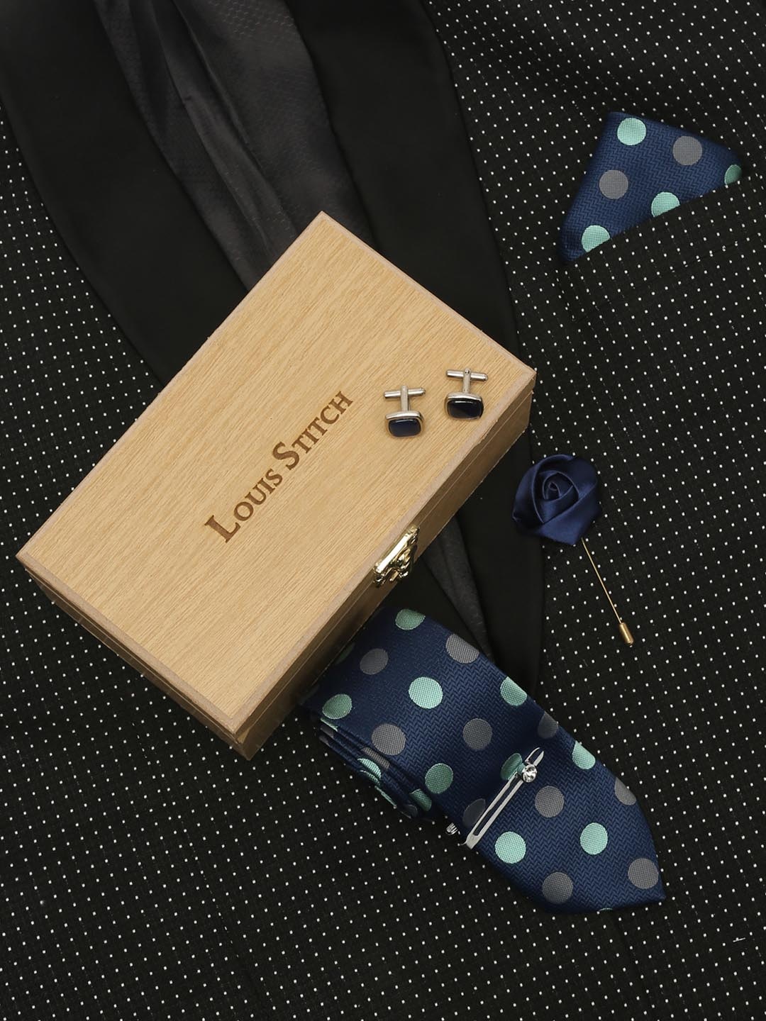 

LOUIS STITCH Men Polka Dotted Italian Silk Necktie Accessory Gift Set, Blue