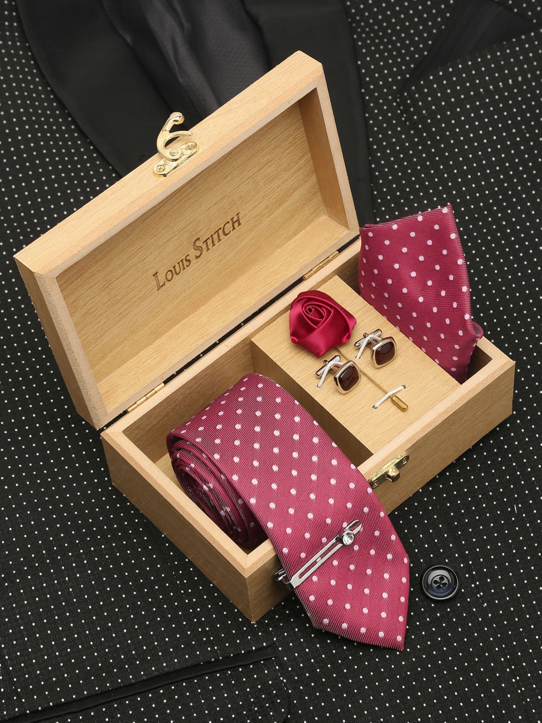 

LOUIS STITCH Men Italian Silk Blend Necktie Accessory Gift Set, Red