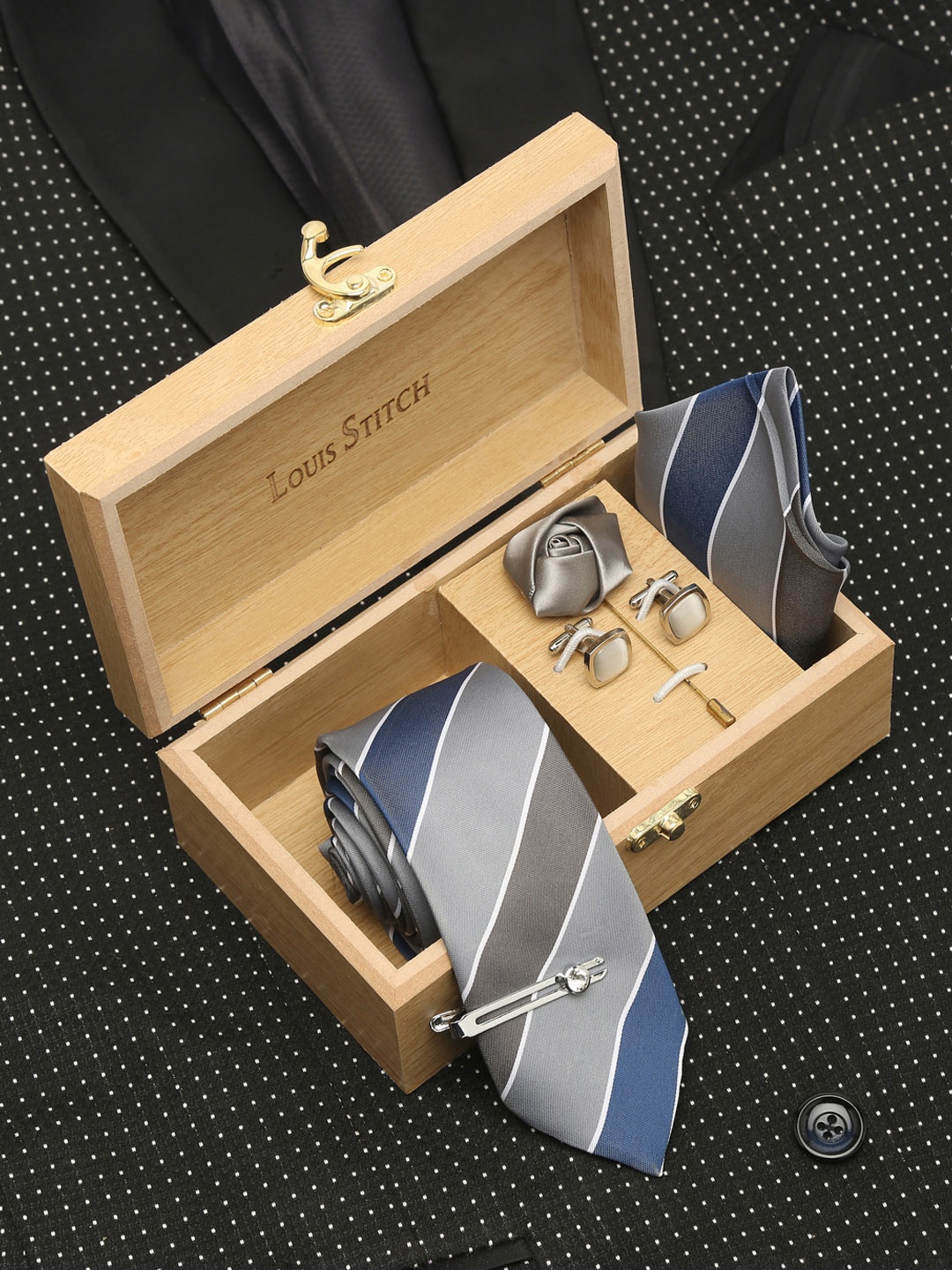 

LOUIS STITCH Men Italian Silk Necktie Accessory Gift Set, Blue