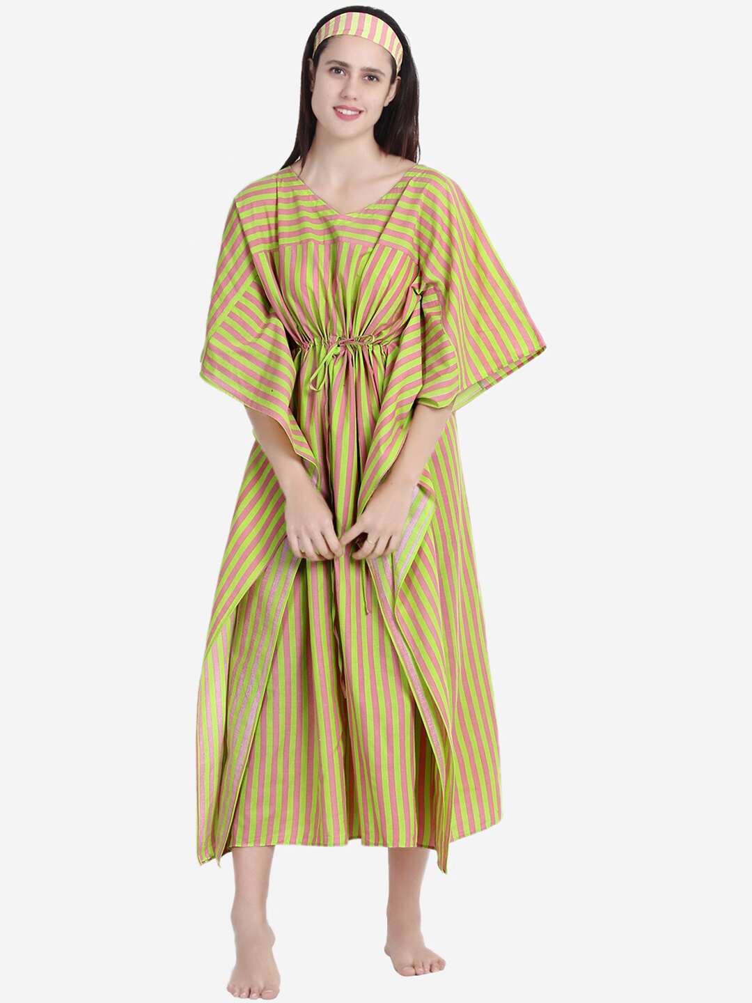 

Anaario Peach-Coloured & Green Striped Kaftan Nightdress