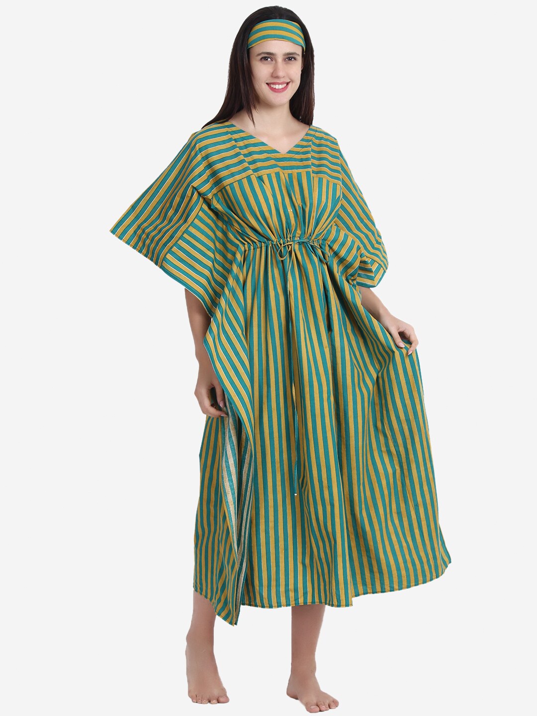 

Anaario Women Green Striped Pure Cotton Kaftan Maxi Nightdress