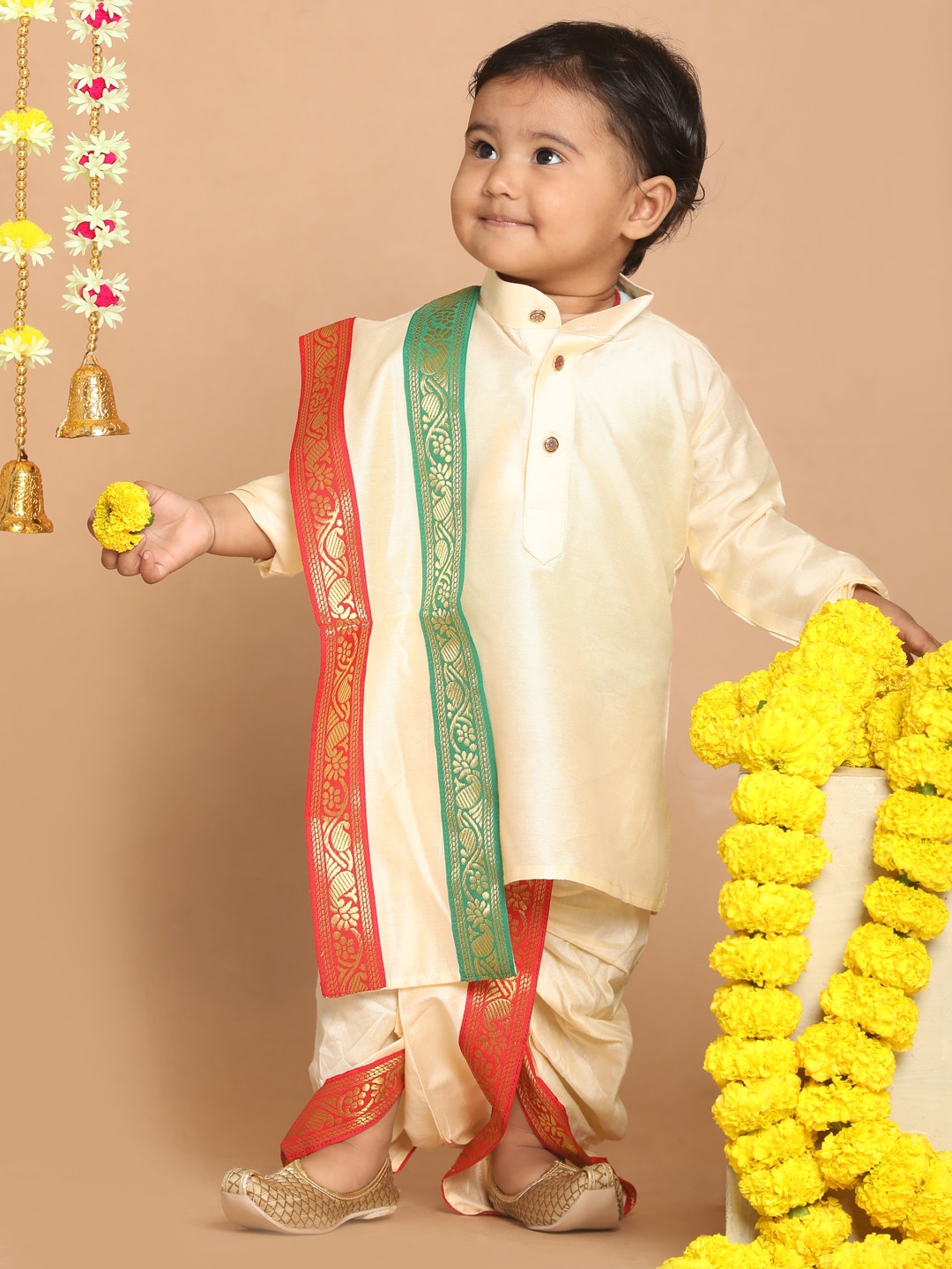 

VASTRAMAY Boys Gold-Toned Kurta with Dhoti Pants & With Dupatta