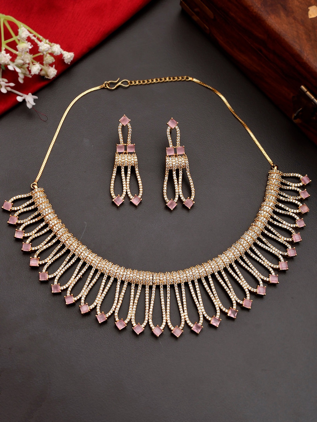 

Silvermerc Designs Gold-Plated & Pink AD-Studded Jewellery Set
