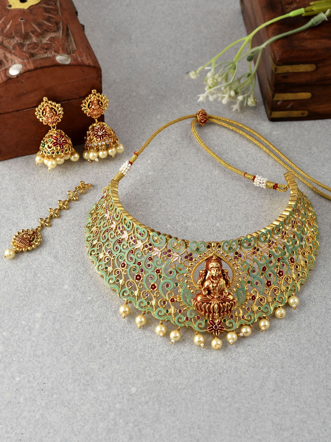 

Silvermerc Designs Women Gold-Plated Red & Green Stone Studded Jewellery Set