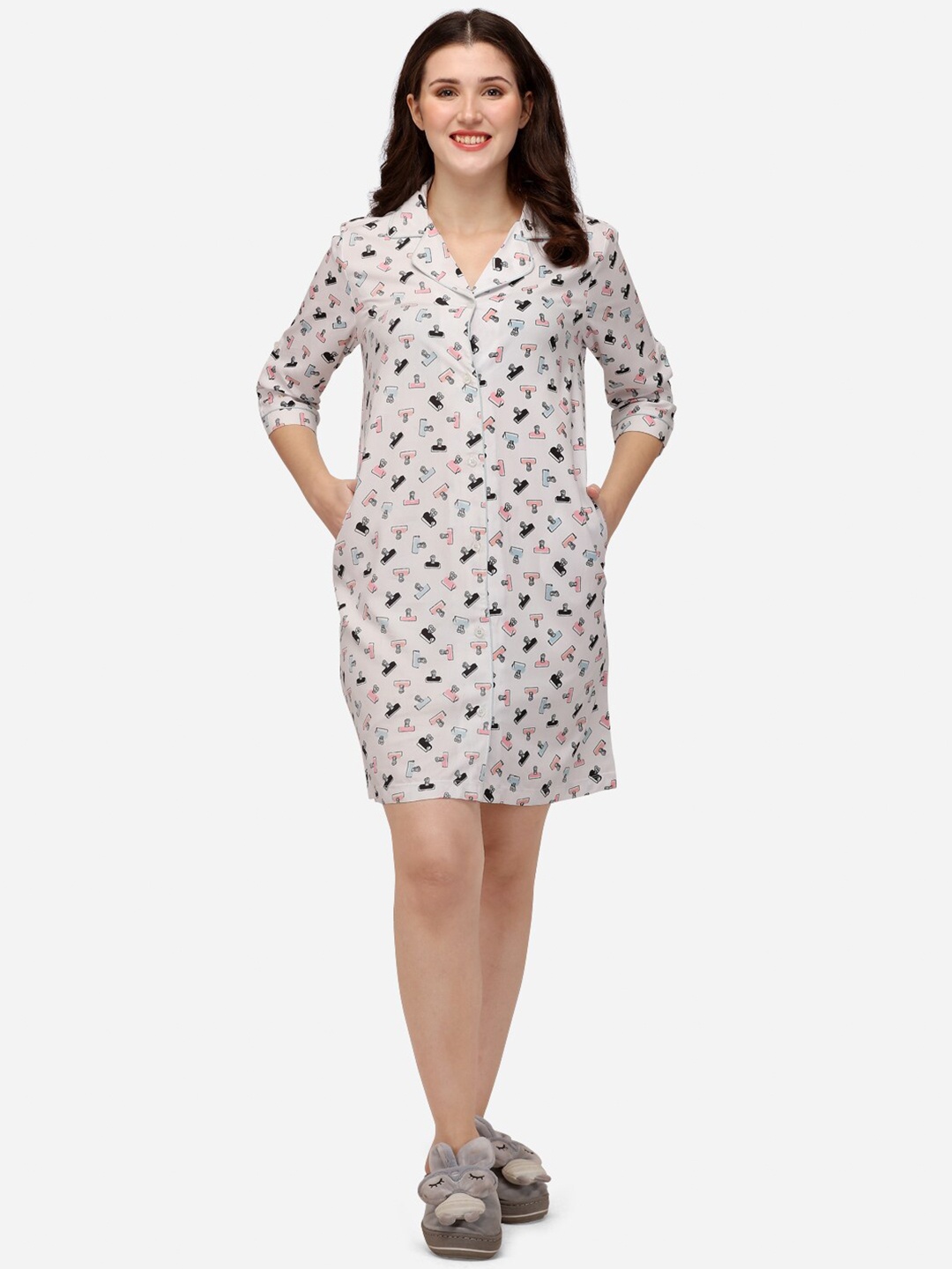 

Soie White Black Printed Shirt Knee Length Nightdress