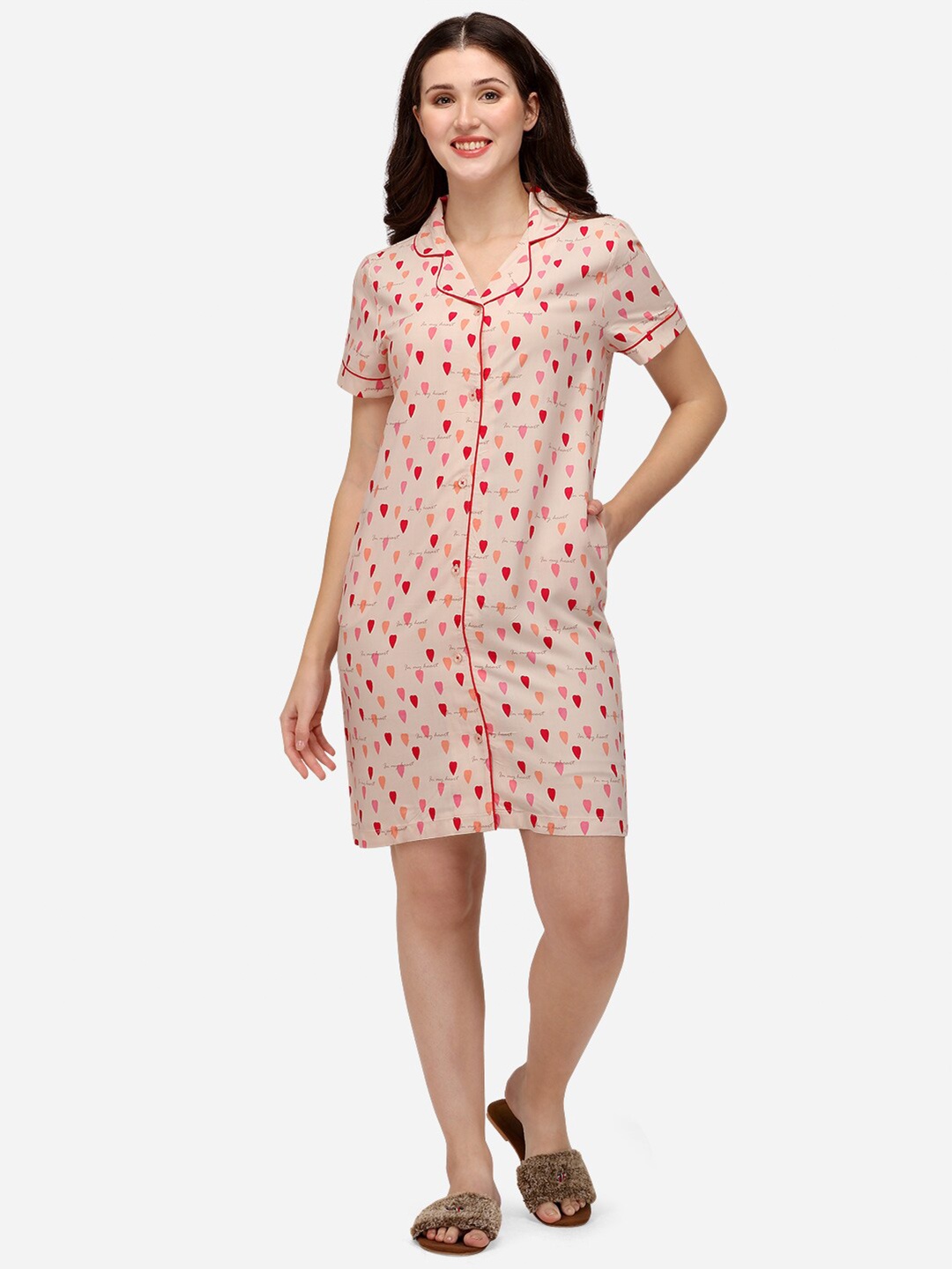 

Soie Women Pink Printed Shirt Knee Length Nightdress