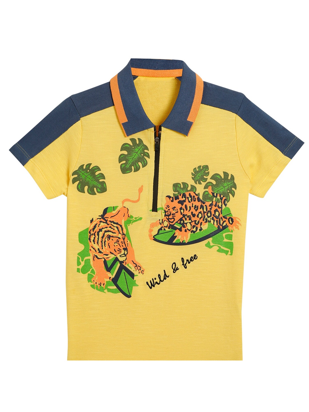 

UNDER FOURTEEN ONLY Boys Yellow & Navy Blue Printed Polo Collar T-shirt