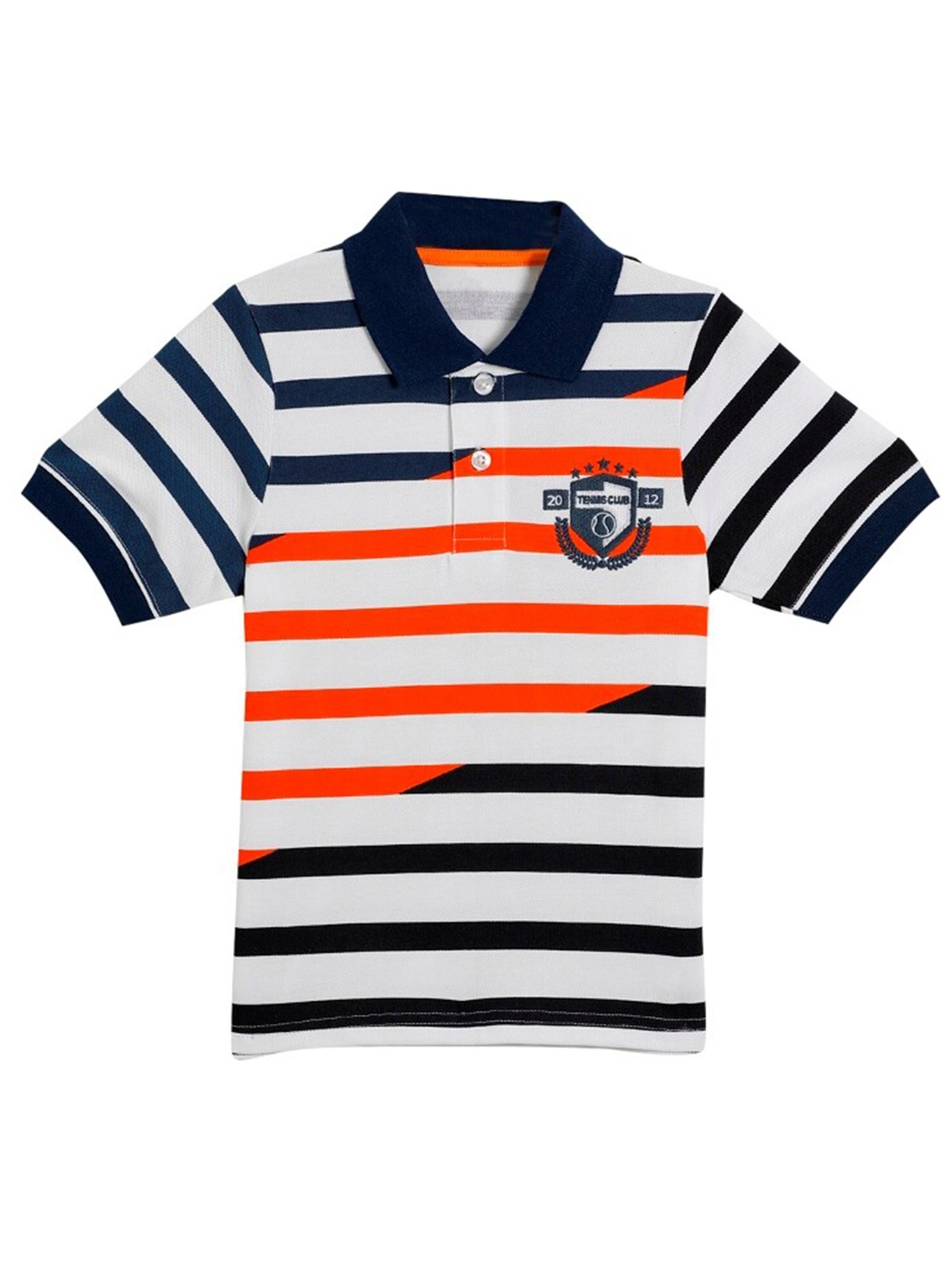 

UNDER FOURTEEN ONLY Boys White & Navy Blue Striped Polo Collar T-shirt