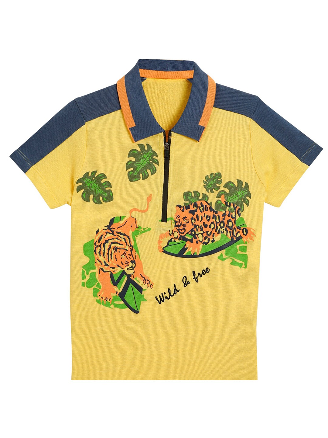 

UNDER FOURTEEN ONLY Boys Yellow & Navy Blue Printed Polo Collar T-shirt