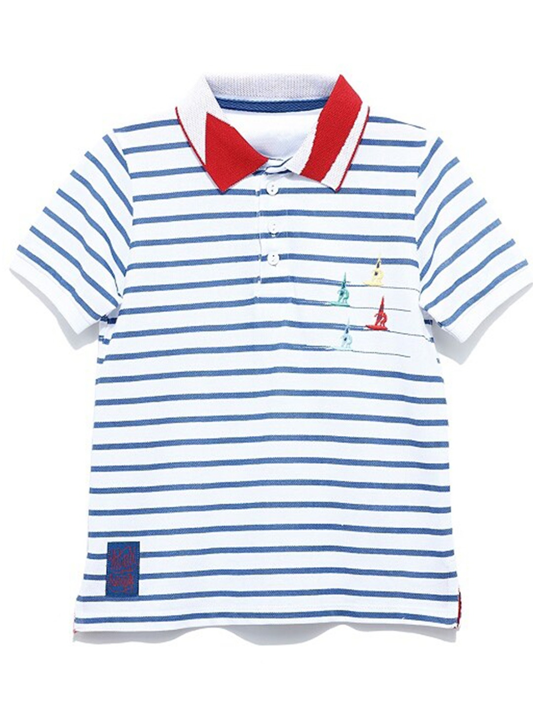 

UNDER FOURTEEN ONLY Boys White & Blue Striped Polo Collar Applique T-shirt