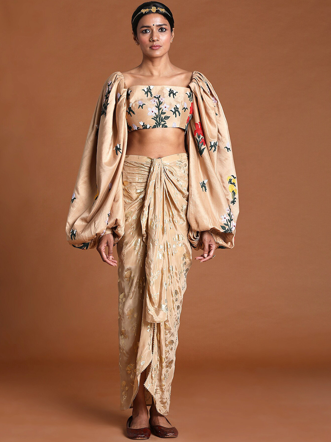 

Masaba Beige Embellished Drape Skirt With Embroidered Bustier Top Set