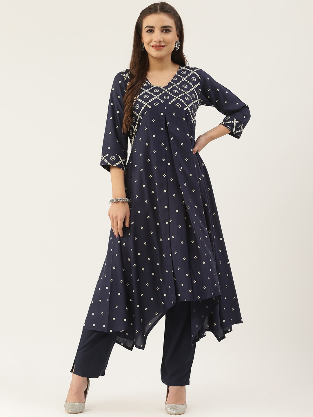 

Rustorange Women Blue Bandhani Printed Empire Kurta with Trousers