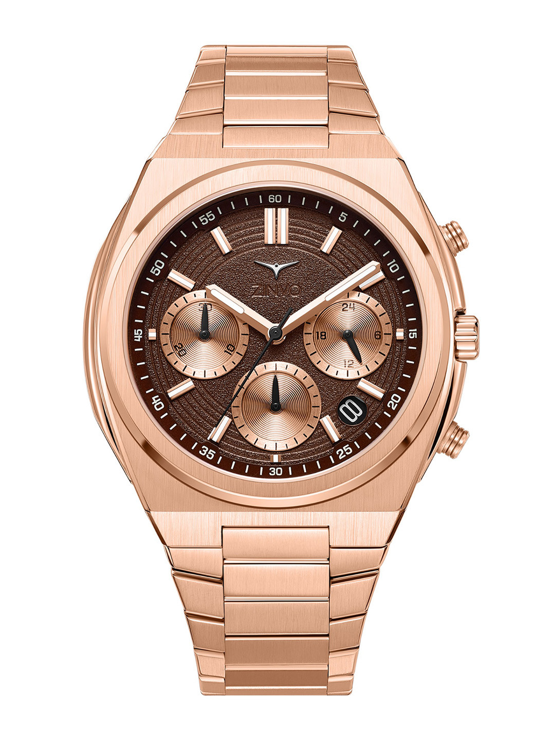 

ZINVO Men Brown Brass Dial & Rose Gold Toned Stainless Steel Bracelet Style Straps Analogue Chronograph Watch