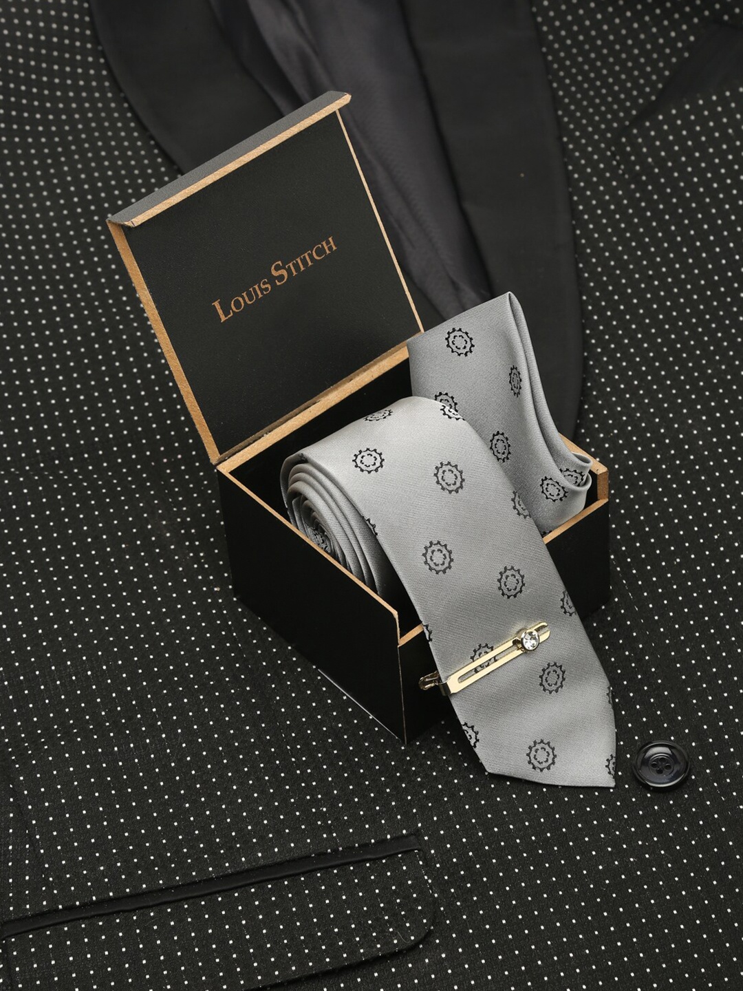 

LOUIS STITCH Men Italian Silk Necktie Accessory Gift Set, Grey