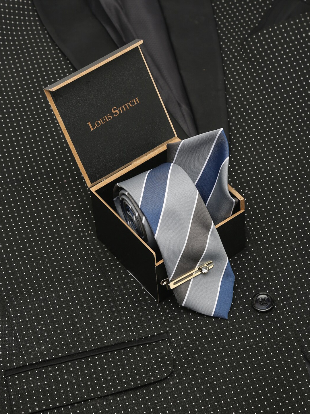 

LOUIS STITCH Men Striped Silk Necktie Accessory Gift Set, Grey