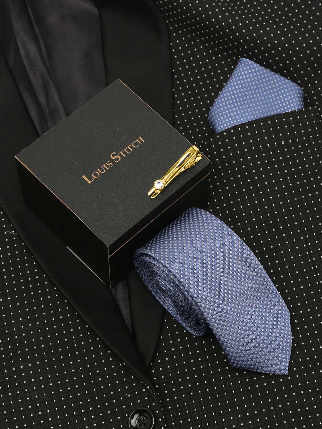 

LOUIS STITCH Men Ash Blue Italian Silk Necktie Accessory Gift Set