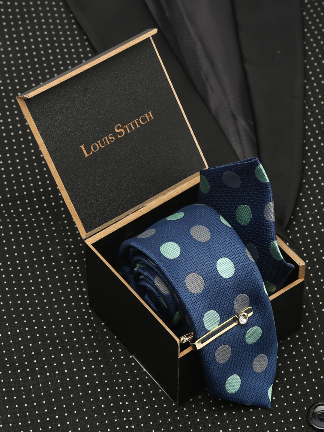 

LOUIS STITCH Men Polka Dotted Blue Italian Silk Necktie Accessory Gift Set