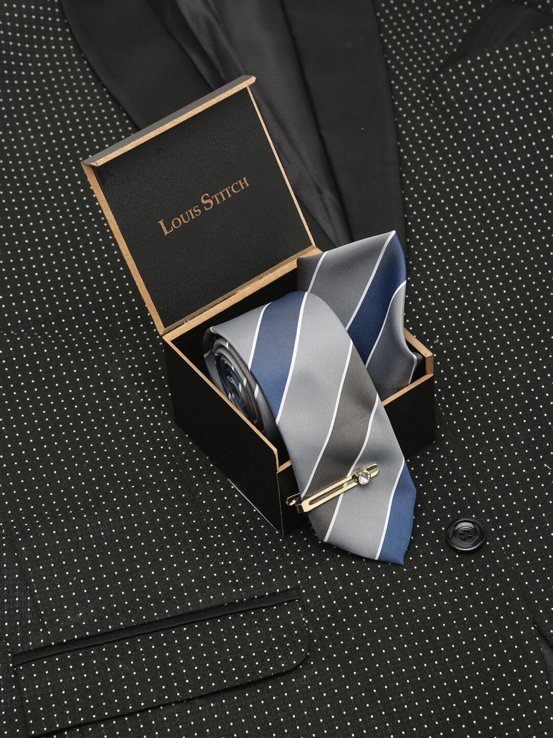 

LOUIS STITCH Men Italian Silk Necktie Accessory Gift Set, Grey