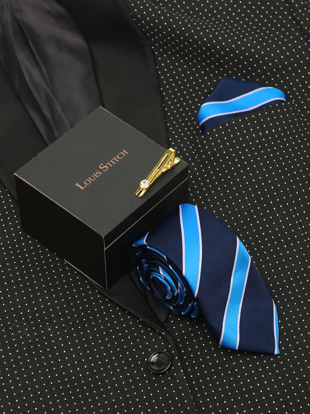 

LOUIS STITCH Men Polka Bright Blue Italian Silk Necktie Accessory Gift Set